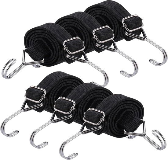 Rubber Spanrubber con Ganci per Bicicletta, Motocicletta e Autotrasportatore - 6 pezzi - 0,6 metro - Expansione in Gomma Extra Resistente - Campeggio - Nero