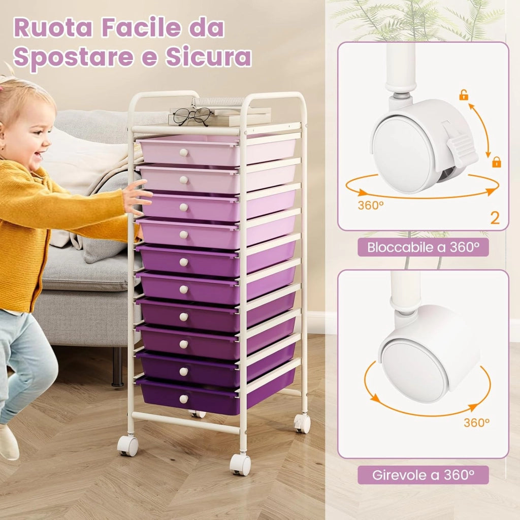 Carrello con 10 Cassetti da Stoccaggio, Cassettiera di Metallo e Plastica, Contenitore Multiuso con Ruote a Freno, per Casa e Ufficio (Viola)