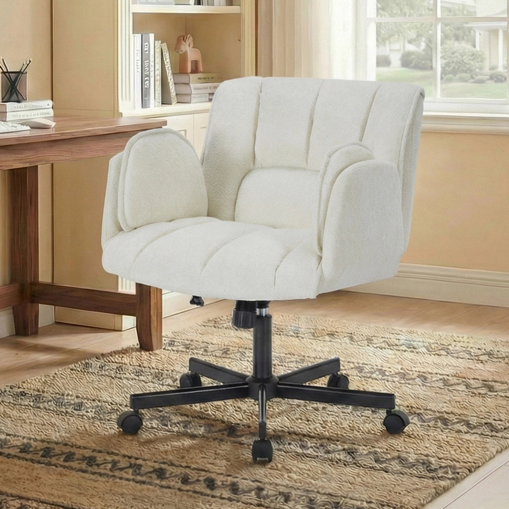 Sedia da ufficio girevole in tessuto con braccioli ribaltabili e supporto lombare regolabile a 360 gradi beige
