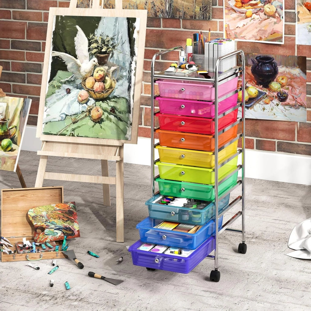 Carrello Portaoggetti con 10 Cassetti, Cassettiera con Ruote, Struttura in Metallo, Ruote Universali Bloccabili e Maniglia, Carrello Organizer per Casa, Ufficio (39 x 32 x 97 cm)