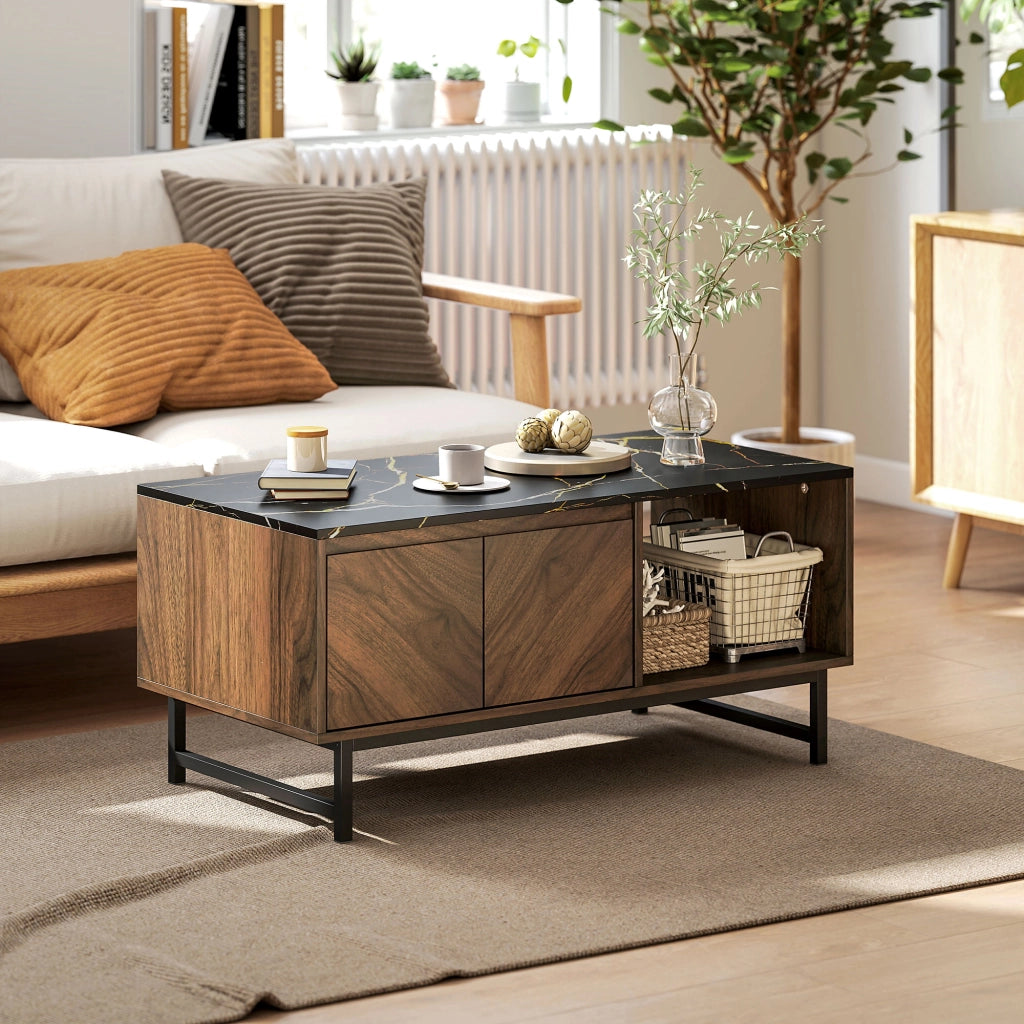 Tavolino da salotto ¨C Minimal ¨C effetto marmo, 2 ante, 2 nicchie aperte, 100x51x46 cm, noce