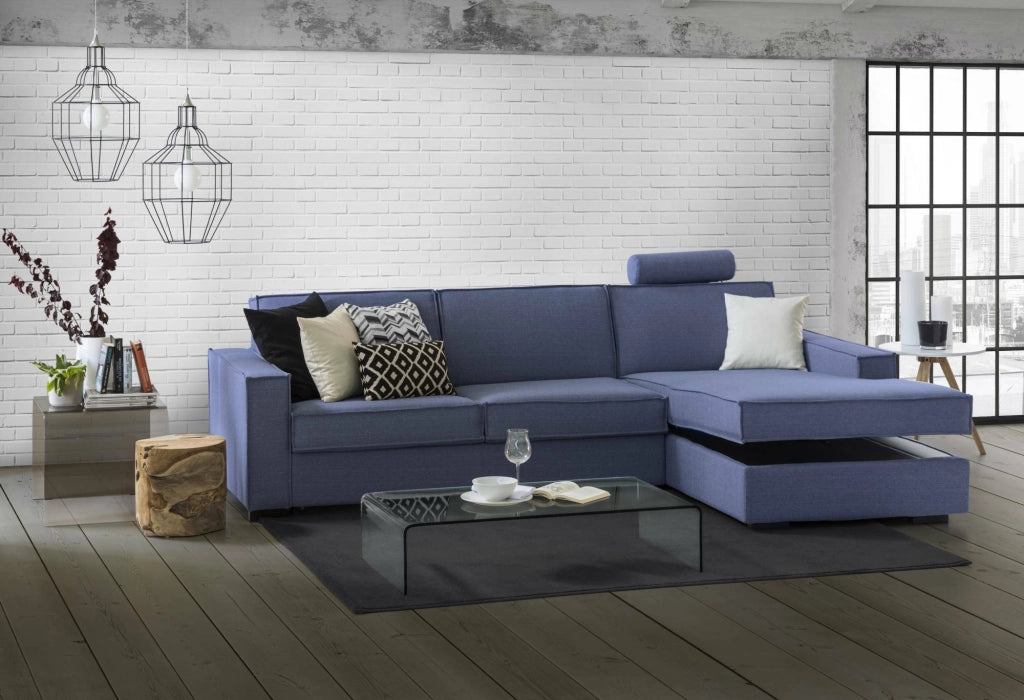 Ametrino, Divano Fisso con Penisola Sfoderabile Made in Italy, 280x95 cm blu