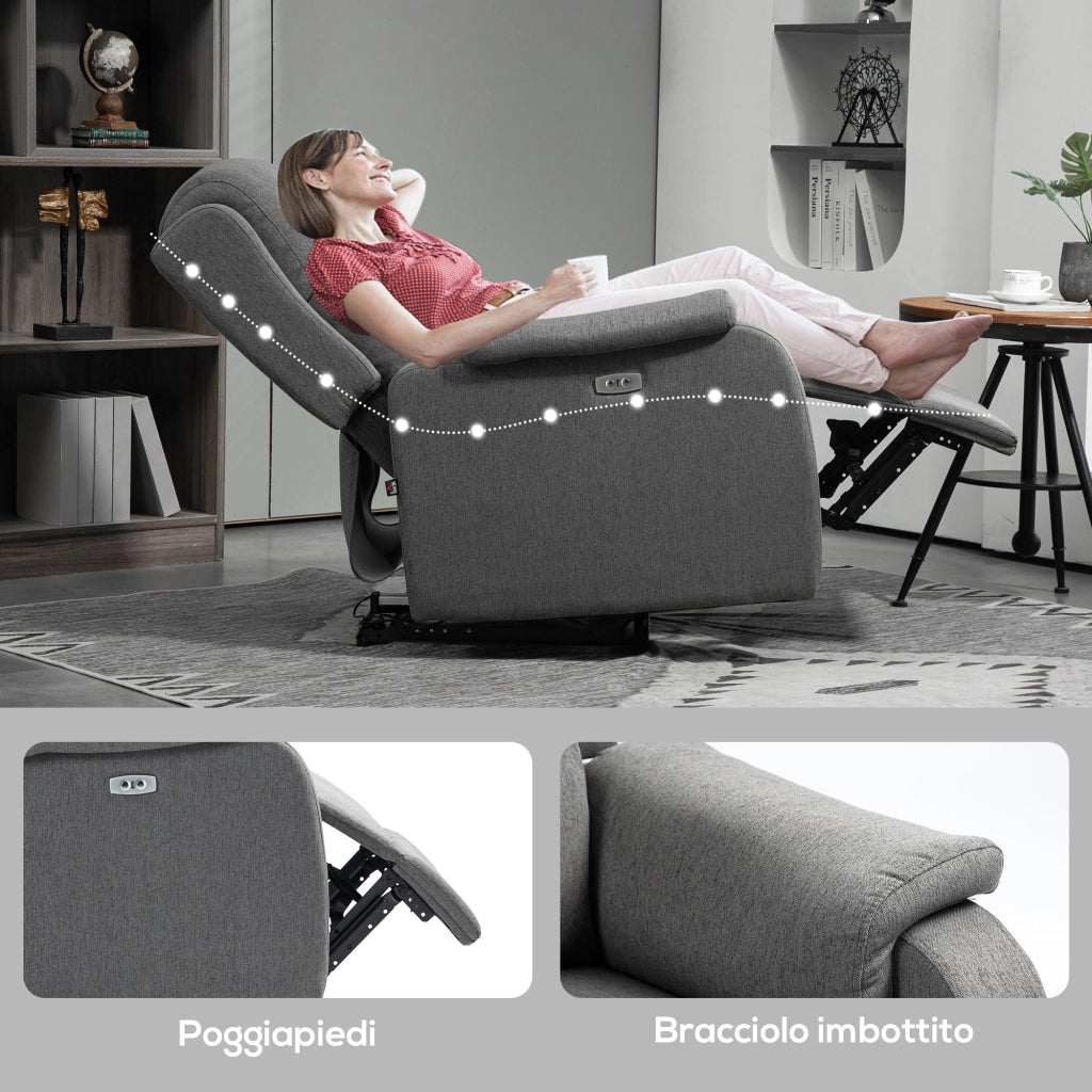 Poltrona Relax Reclinabile 150° con Poggiapiedi 77x91x106 cm in Tessuto Effetto Lino Grigio Scuro