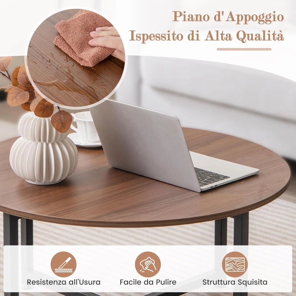 Set di Tavolini da Caffè 3 Pezzi, Tavolino Rotondo e 2 Tavolini Quadrati con Struttura Metallica Robusta, Set di Tavoli da Salotto Moderni 3 Pezzi (Noce)