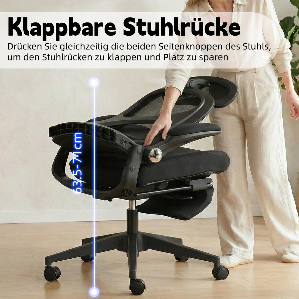 Chaise de bureau ergonomica pieghevole con supporto lombare e poggiatesta 3D in schiuma nera 65 × 61 × 40,5 cm