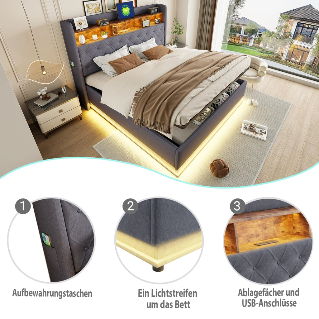 LETTO imbottito LED 180x200 cm grigio con USB e contenitore idraulico