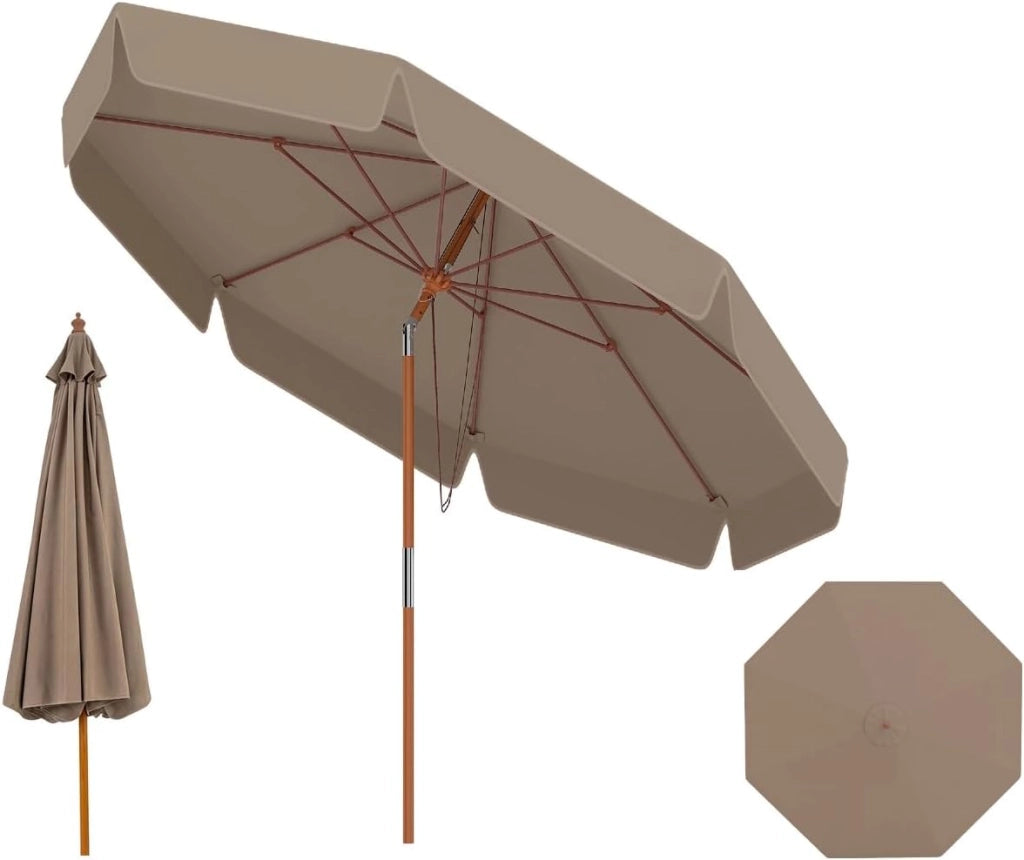 Ø 3 m, ombrellone da giardino, palo in legno di faggio, ombrellone da terrazza, inclinazione a 30°, 8 stecche in fibra di vetro, ombrelloni da patio, altezza 2,5 m, per picine, caffè