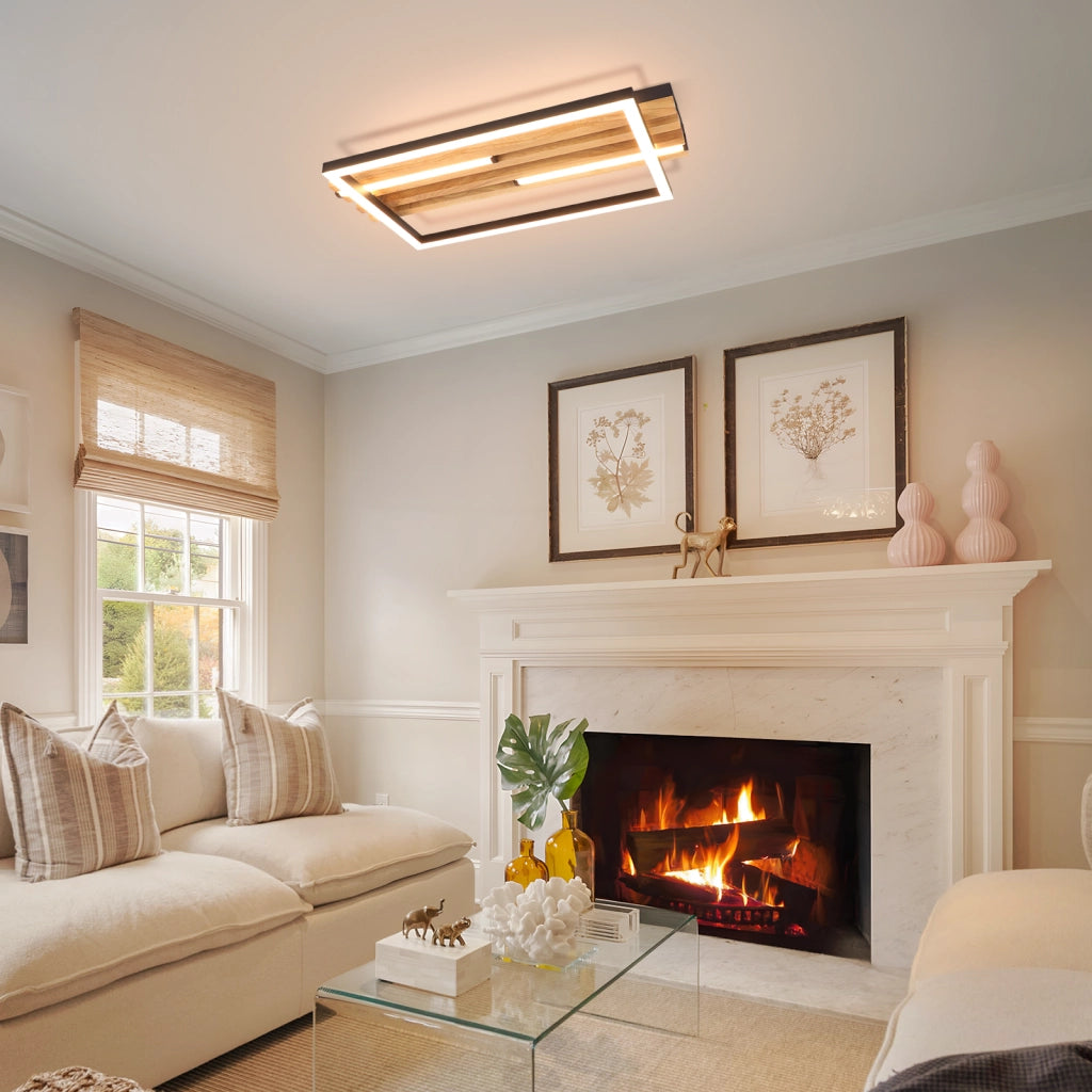 ZMH Lampada da Soffitto LED Legno 24W 38cm Luce Calda Nero Rettangolare Moderna per Camera da Letto Soggiorno