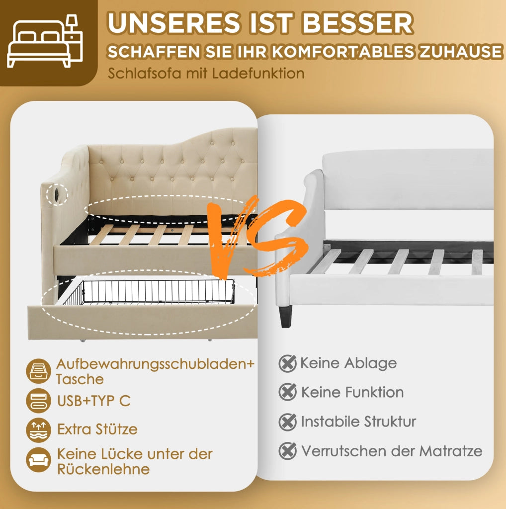 Daybed imbottito 90x200 cm con 2 cassetti; USB e Type-C; velluto beige