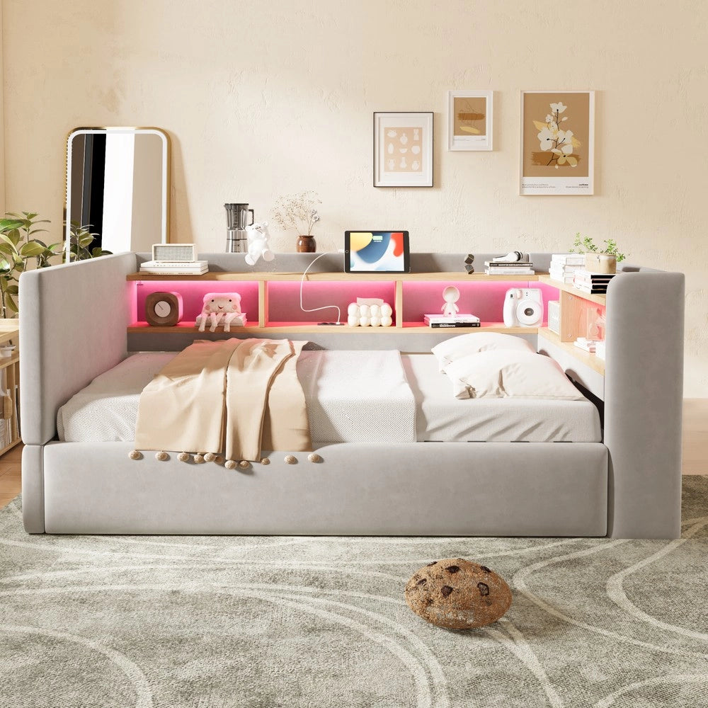 Letto imbottito contenitore singolo con LED ¨C Minimal ¨C Grigio 90x190cm