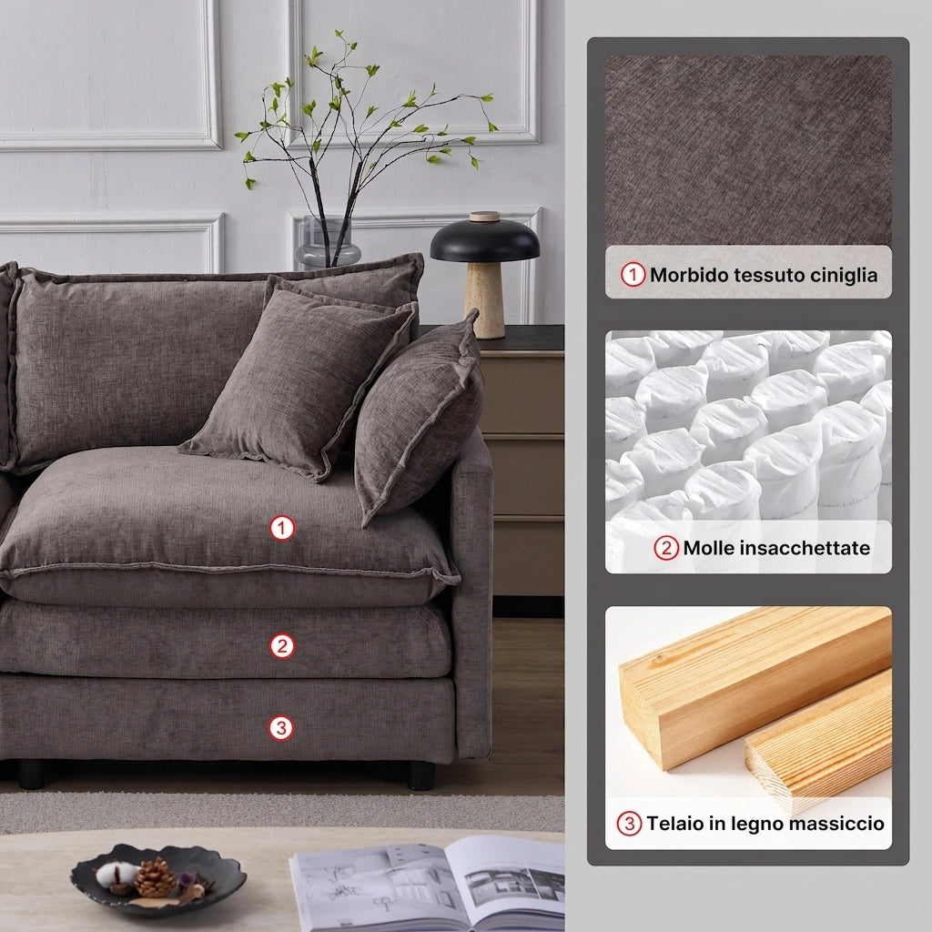 Divano angolare modulare in ciniglia; divano 3 posti con penisola e pouf; 267x154x85 cm; grigio