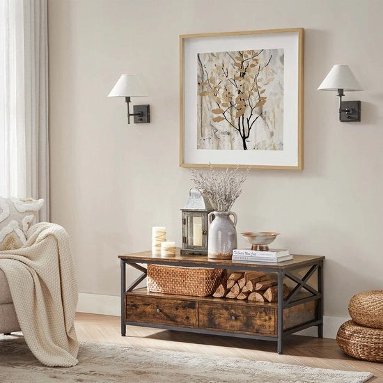 Tavolo salotto - Tavolo per soggiorno - Con ripiani - 100 x 55 x 45 cm - Tavolo divano - Struttura in metallo - Marrone