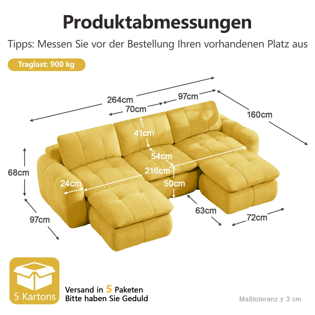 Divano modulare a U 3 posti senza struttura in chenille con seduta ergonomica giallo 264 × 160 × 68 cm