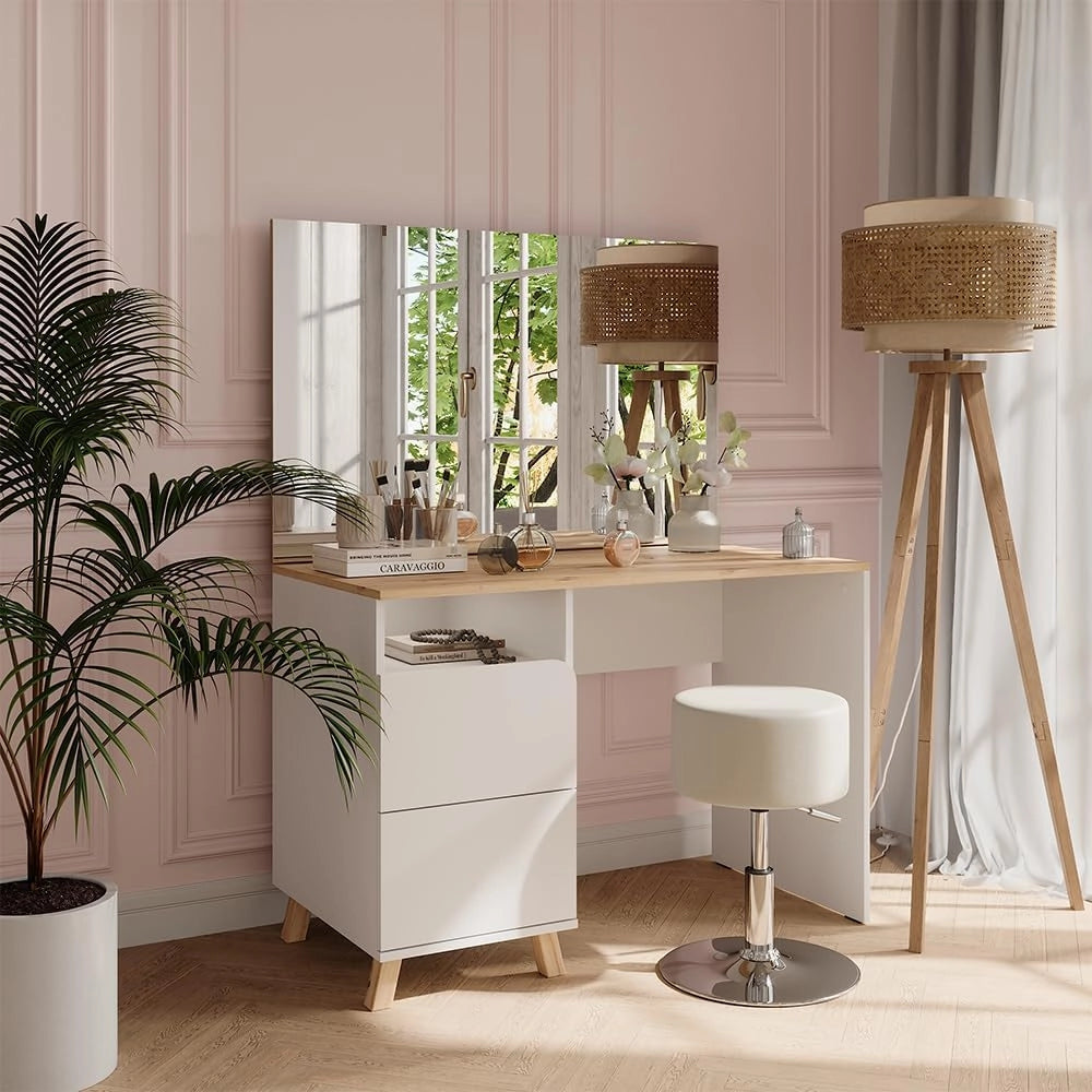 Tavolo da toeletta Karen, Bianco/Artisan, 110 cm con sgabello, Materiali robusti per un utilizzo duraturo