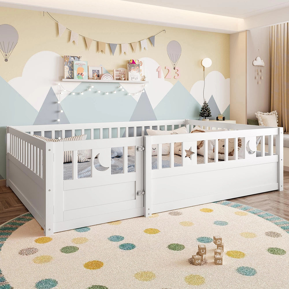 Letto a pannelli bambino 140x190 cm - Xylo - con sponde, decor stelle e luna, senza materasso, bianco