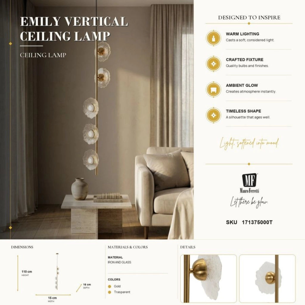 Lampadario verticale Emily in metallo oro e vetro