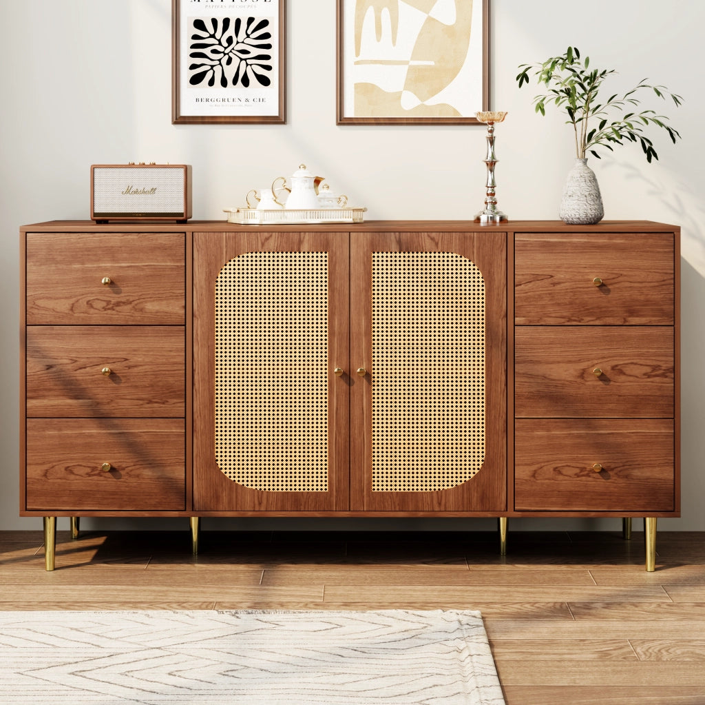 Sideboard in MDF con ante in rattan, 160x40x90 cm