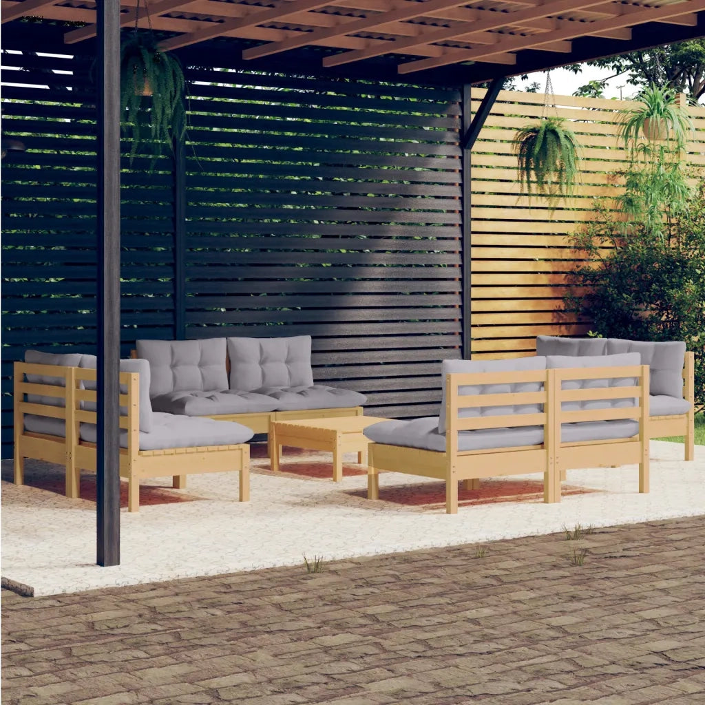 Set Divani da Giardino 9 pz con Cuscini Grigi Massello di Pino cod mxl 38627
