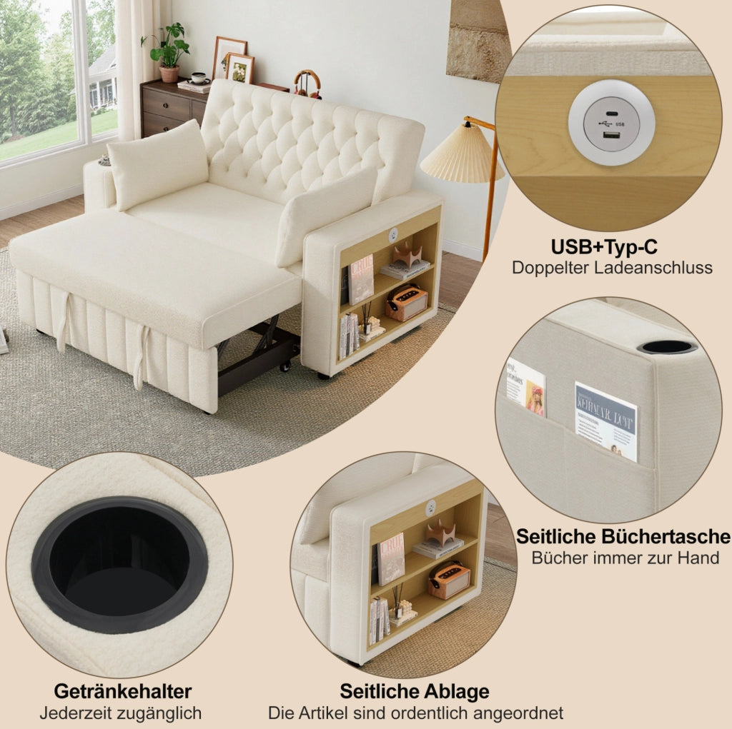 Divano letto 2 posti beige in ciniglia con USB e portabicchieri