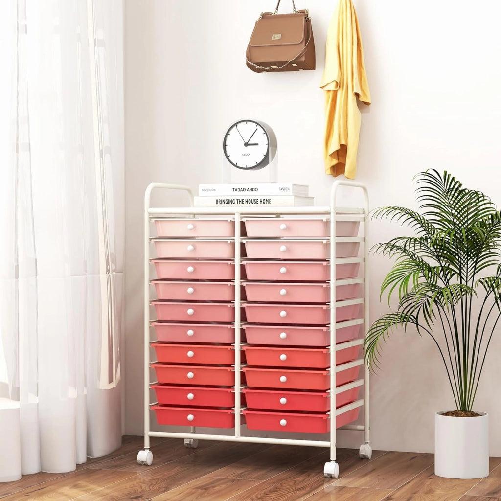 Carrello con 20 cassetti, impilabile, per cassetti, da cucina, bagno, ufficio, 64 x 39 x 88 cm (rosso + rosa)