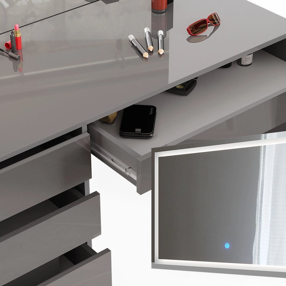 Vicco Tavolo da toeletta Grigio 55 cm con specchio LED e sgabello