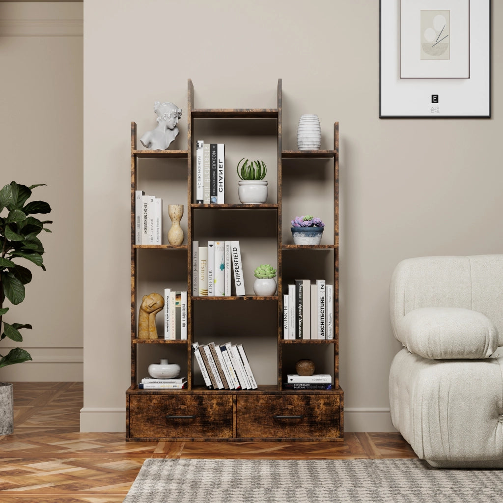 Libreria 33.9x9.9x55.3 in con 12 ripiani aperti e 2 cassetti in metallo e legno marrone rustico