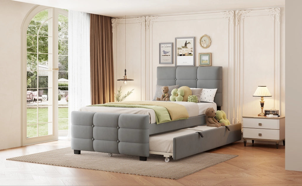 DESMIU Litto bambino 90 × 190 cm con letto estraibile, 1 posto, senza materasso, in velluto, grigio