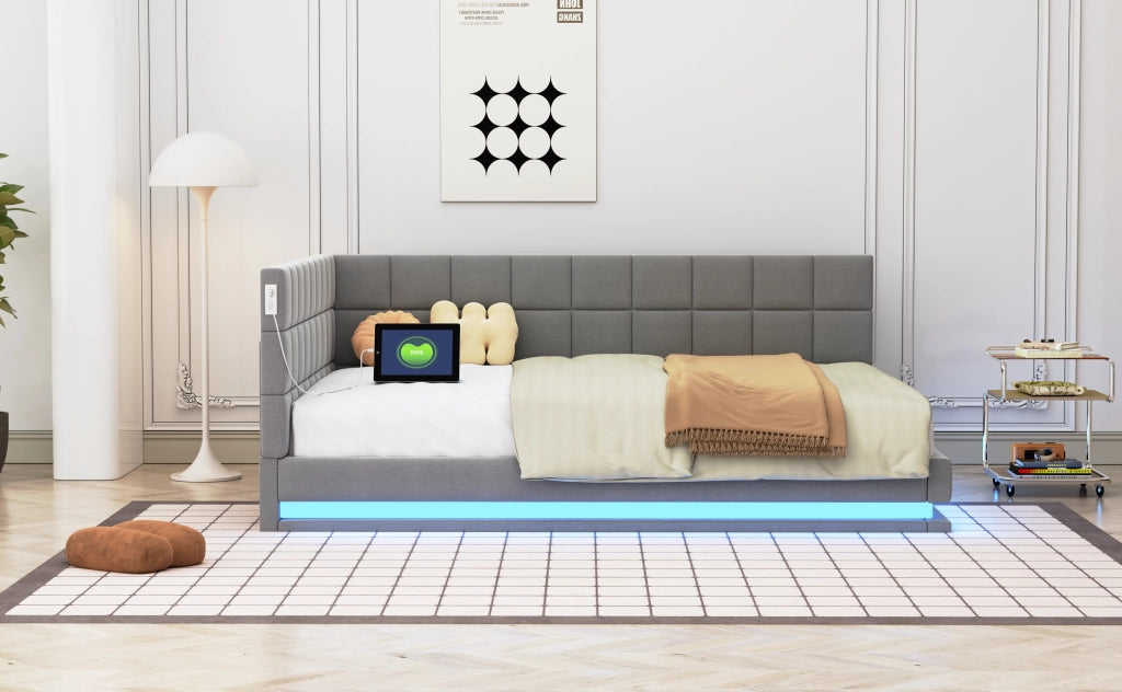 DESMIU Divano letto 140 × 200 cm 2 posti con LED, USB e rete, senza materasso, in lino, grigio