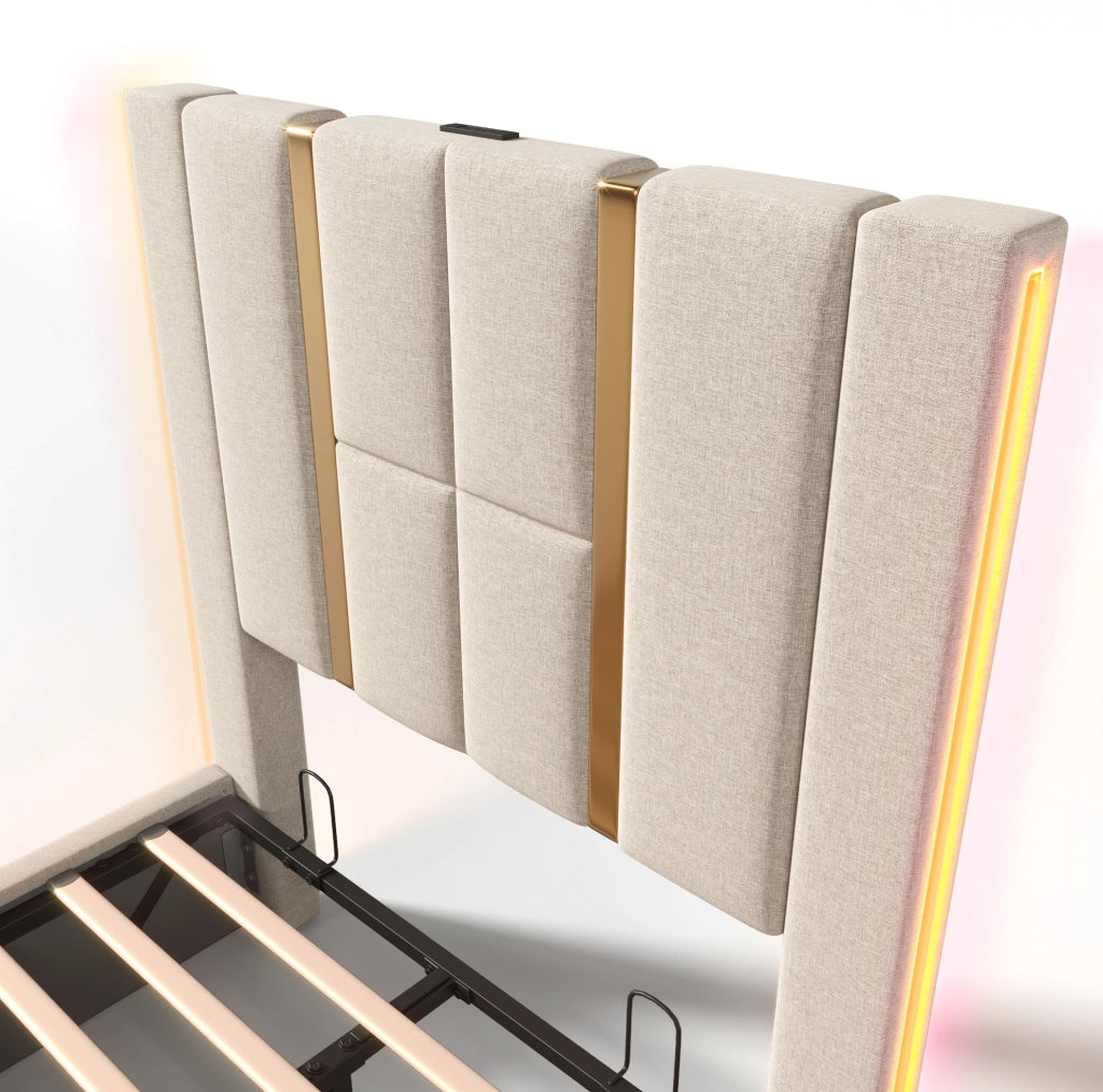 Letto imbottito 90x200 con materasso, LED RGB, USB Tipo C e contenitore