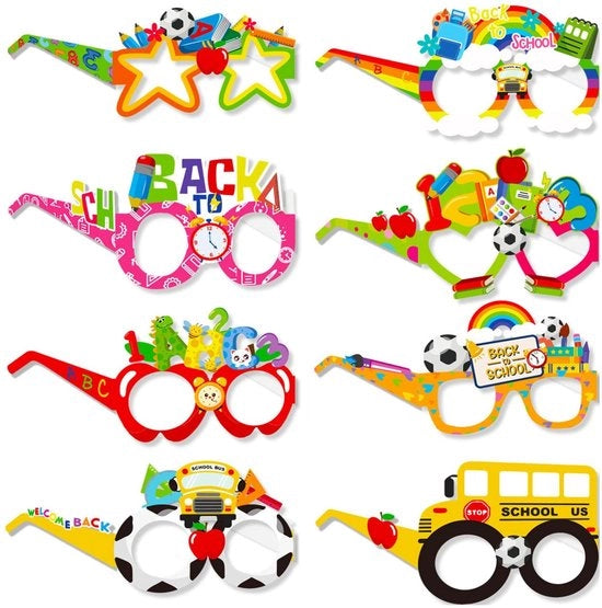 Decorazione per la prima giornata di scuola - Set di 24 pezzi - Occhiali da festa - Accessori fotografici - Leggero - Materiale cartaceo duraturo - Occhiali da scuola