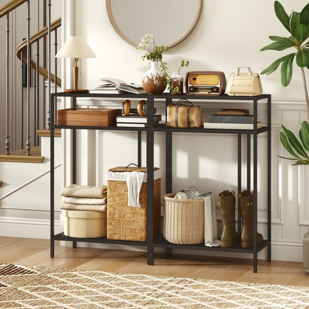 Tavolo Consolle 55x30x85 cm con Ripiani Aperti a 3 Livelli in Acciaio Nero