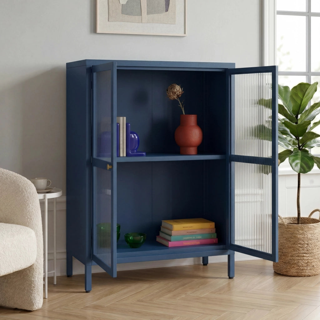 Credenza Säkylä Comò con Ante in Vetro Scanalato 84x64x35 cm Blu Marino [en.casa]