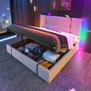 Letto matrimoniale imbottito 180x200 cm beige in lino con LED RGB; USB e Type-C; contenitore