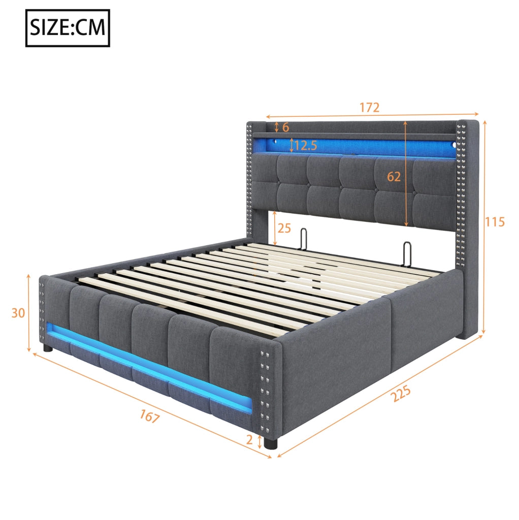 Letto imbottito 160x200 cm con contenitore; LED e USB in tessuto di lino grigio