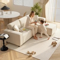 Divano con Penisola a 3 Posti in Tessuto Effetto Velluto, Schiuma e Nylon, 241x153x83 cm, Bianco Crema