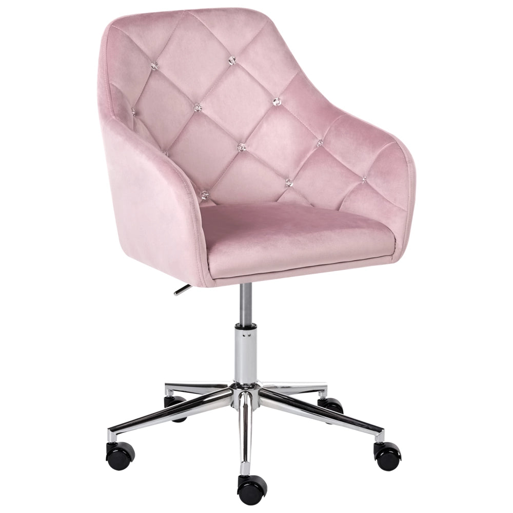 Sedia da ufficio in velluto rosa pastello con meccanismo a gas per la regolazione dell'altezza schienale trapuntato con cristalli e base girevole a 360°