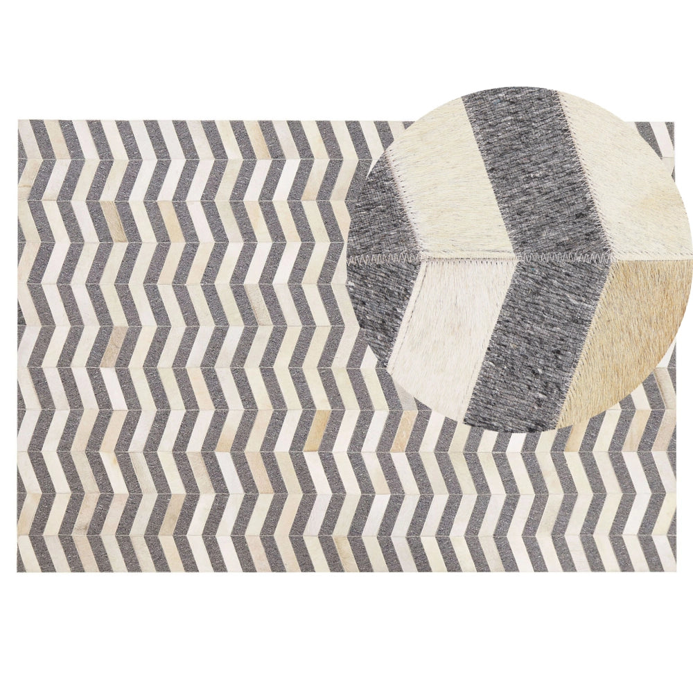 Tappeto tappetino Grigio e Beige Pelle di vacchetta Jacquard Motivo Geometrico Chevron Retro 140 x 200 cm