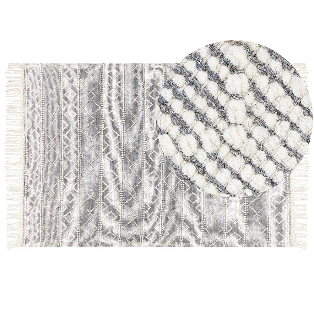 Tappeto grigio e bianco in lana e cotone 160 x 230 cm tessuto a mano a trama piatta con frange e motivo geometrico