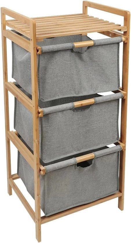 Asciugamani per bagno, 3 cassetti, asciugamani per bagno, bambù, 96 x 44 x 33 cm, asciugamani per bagno sostenibili con 3 cassetti di ordinamento (grigio)