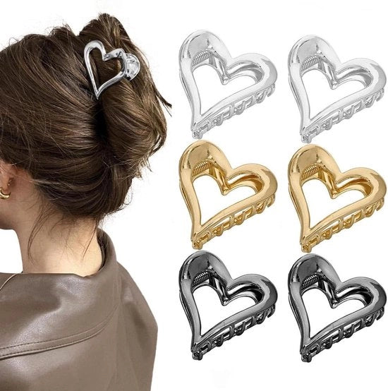 Accessori capelli a forma di cuore 6 pezzi - Clip capelli a forma di cuore - Supporto coda di cavallo metallico - Presa antiscivolo - Accessori capelli eleganti - Dimensione 5,5 cm - Clip capelli