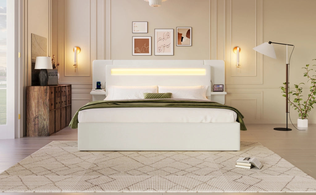 Letto imbottito 140x200 cm beige con contenitore idraulico; LED multicolore e comodino integrato