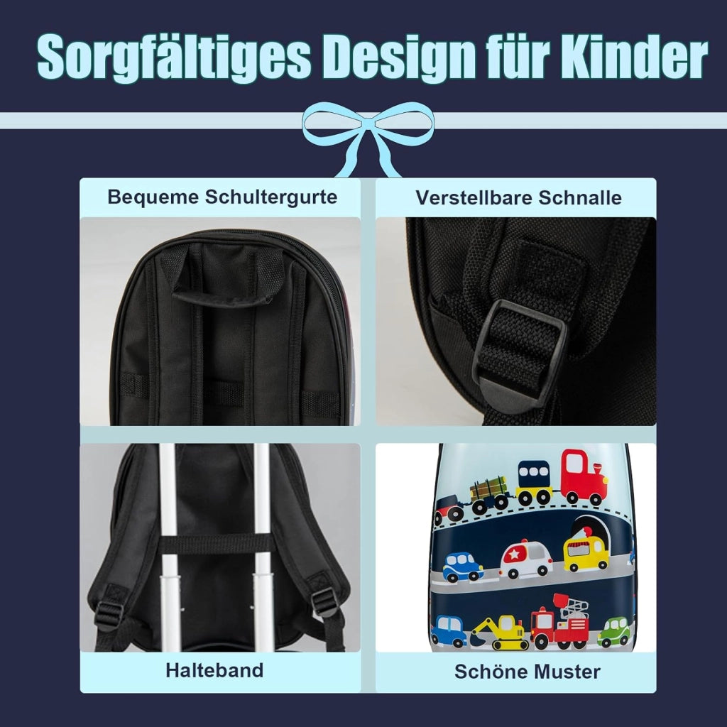 Set di Valigia 16’’ + Zaino 12’’ per Bambini 2 Pezzi, Bagagli 2-in-1 con Zainetto da Viaggio Aereo, Trolley con Maniglia Telescopica e 4 Ruote a 360° (Blu Traffico)