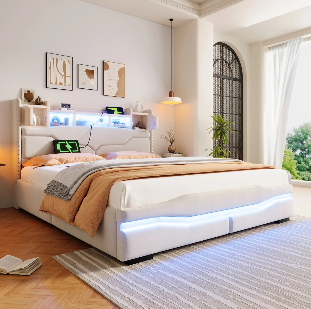 Letto imbottito 160x200 cm con contenitore idraulico; LED e porte USB; beige