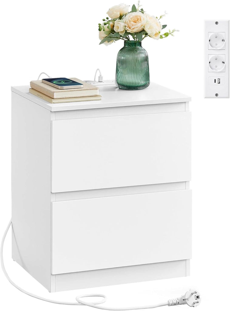 VASAGLE KAILYN Collezione - Comodini con Ciabatta Elettrica, Set di 2 Tavolini, 2 Cassetti, 2 Prese AC, 2 Porte USB-A, Soggiorno Camera da Letto, Moderno, Nero Ebano LET821B02