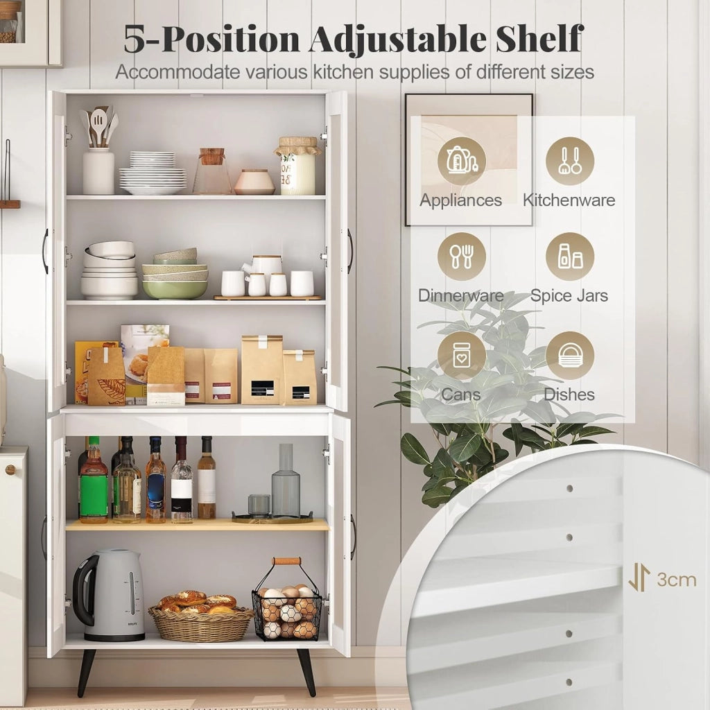 Credenza Alta da Cucina con 4 Ante Trasparente, Armadio a Buffet a 5 Livelli con Ripiani Regolabili, Mobile Dispensa, per Sala da Pranzo, Soggiorno, Bagno, 80 x 40 x 178,5 cm (Bianco)