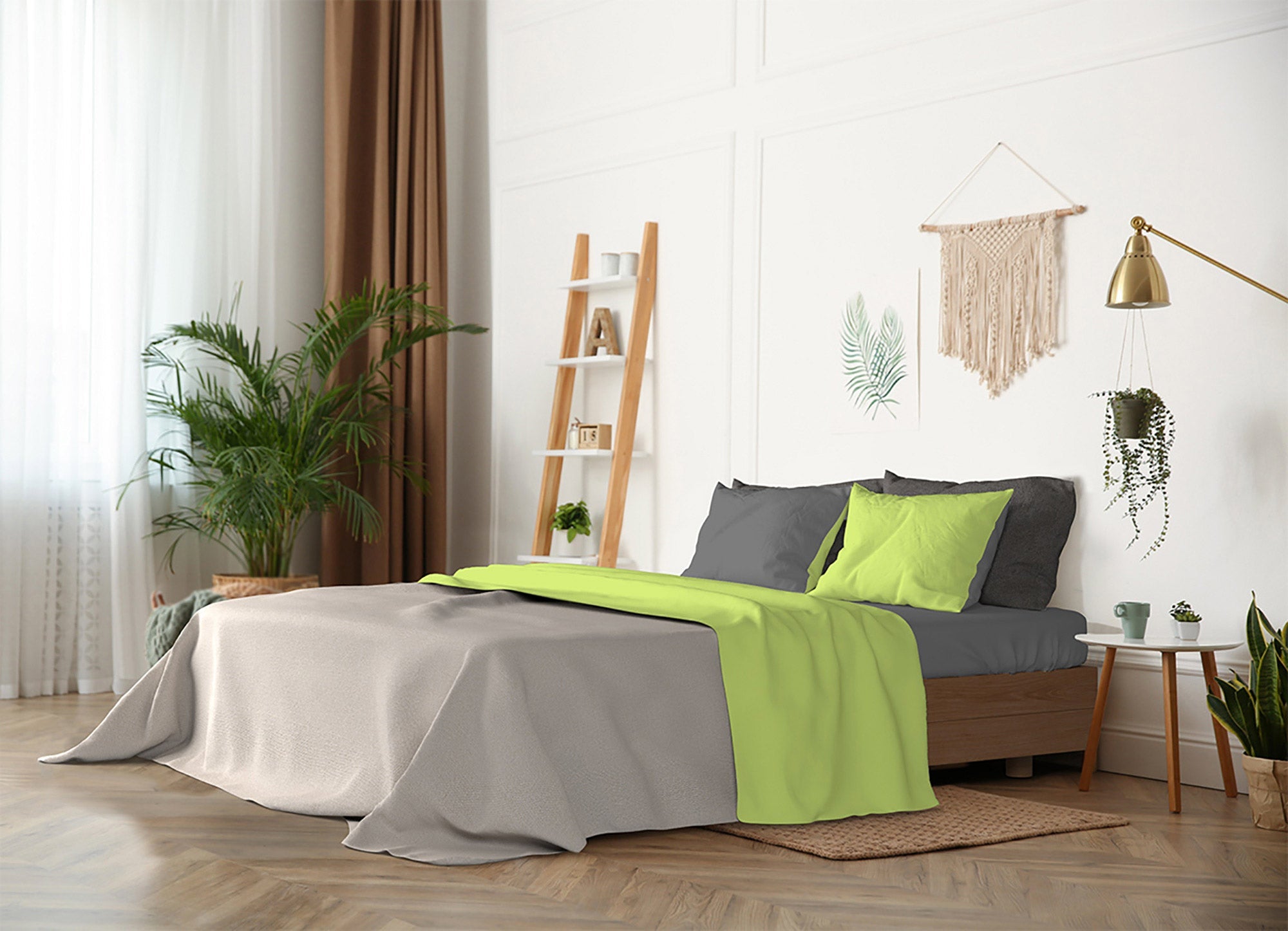 Set Lenzuola Singolo Sopra Sotto e Federein Cotone Verde Acido/Fumo