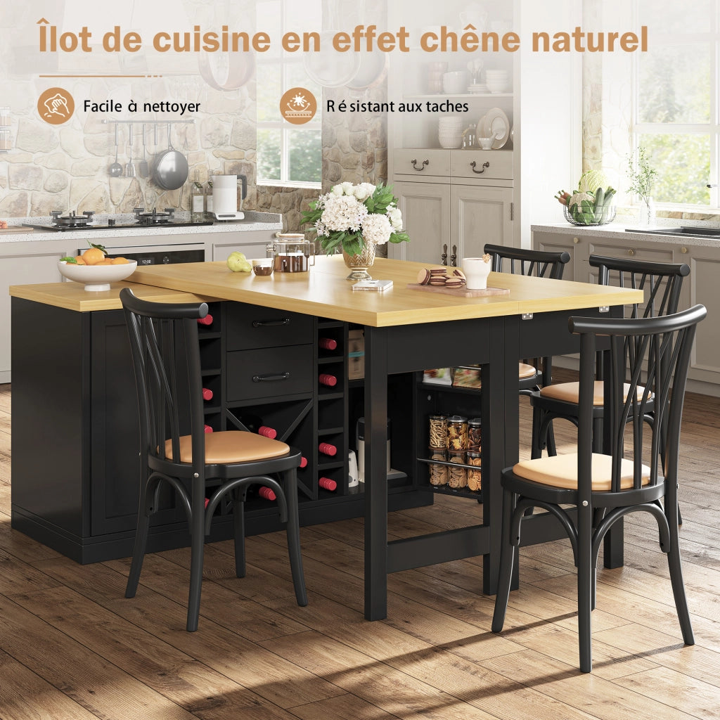 Isola da cucina girevole a 360° con piano in 2 parti; 2 cassetti; portabottiglie e porta pattumiera; nero; 120 × 40 × 73;8 cm