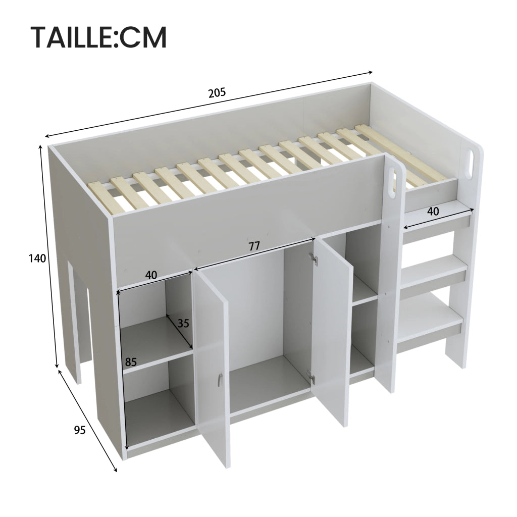 Letto a Soppalco Singolo con Armadio; Scaffali e Scala 90 x 200 cm; senza Materasso; in Legno; Grigio