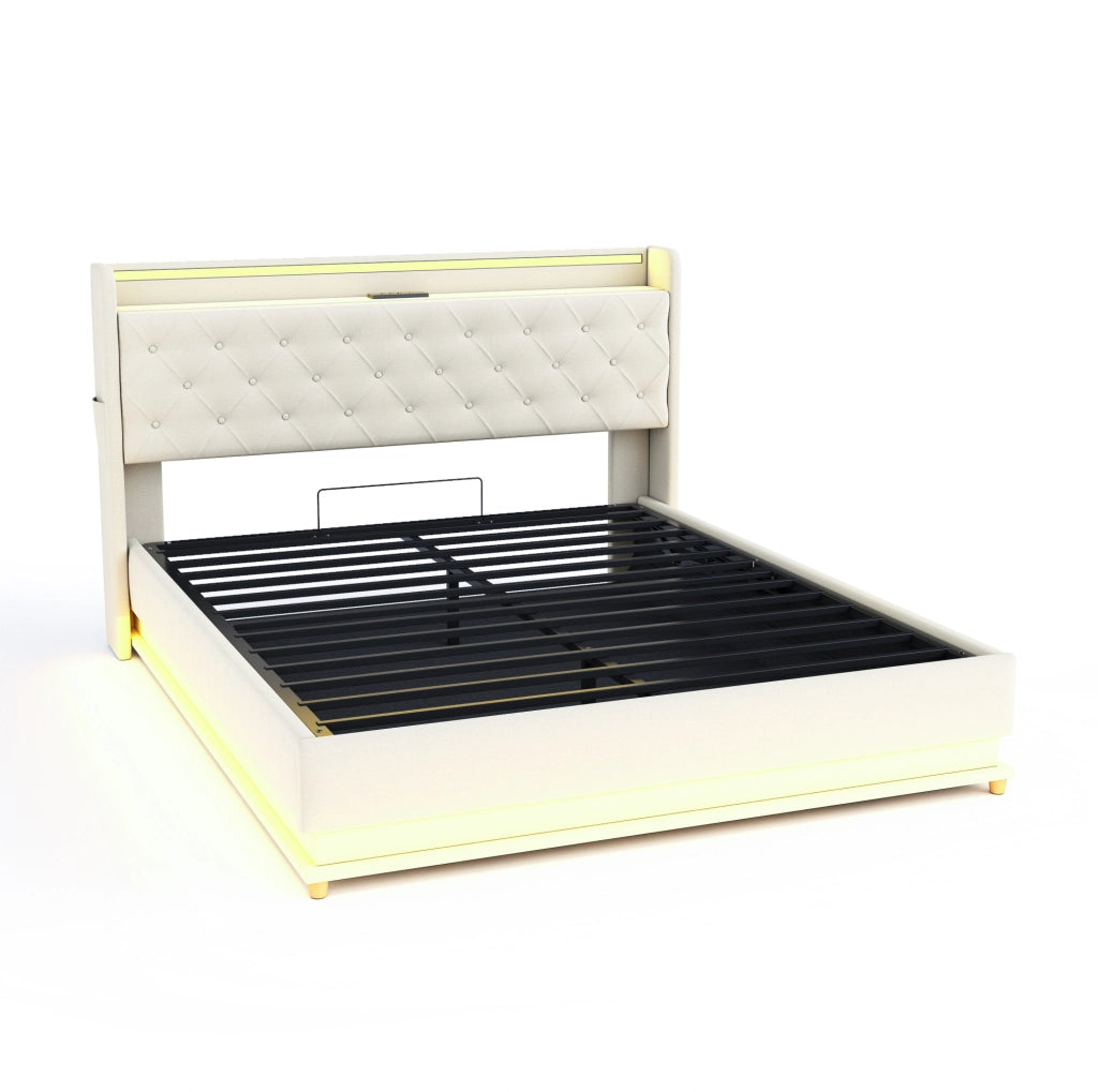 Letto imbottito LED 160x200 cm beige con USB e contenitore