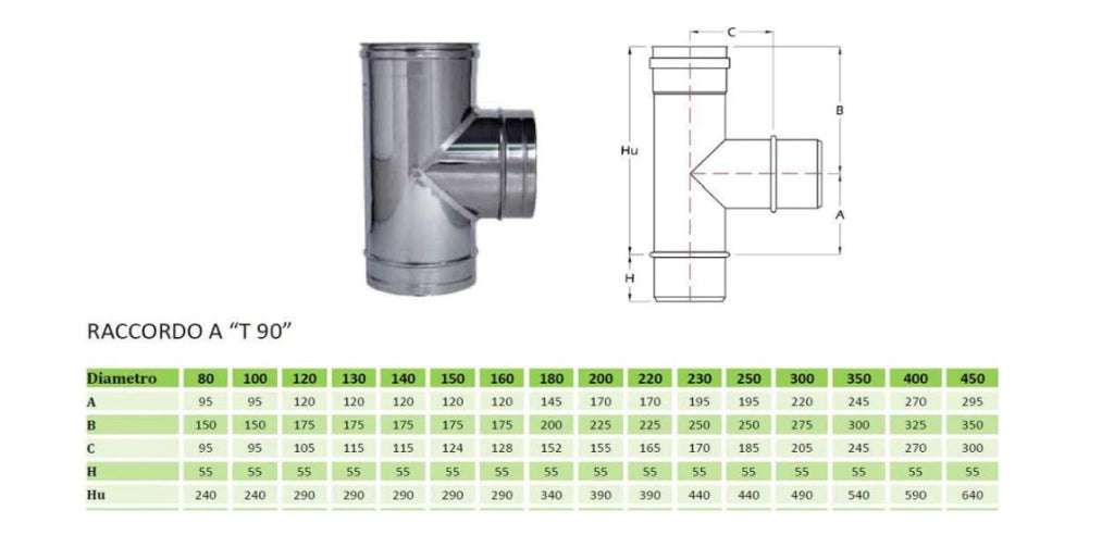 Canna Fumaria - Raccordo Braga a T 90° Monoparete ACCIAIO INOX AISI 316 -Vari Diametri- ø200